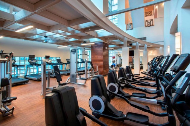 The gym at the Philadelphia Marriott Downtown is full of machines and weights and has several Pelotons.