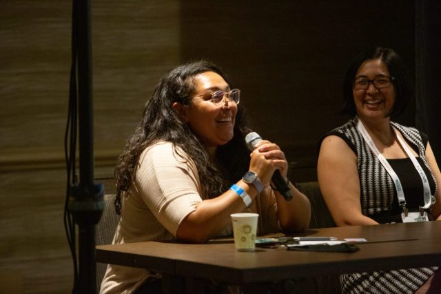 Brittany Grant and Liriel Higa speak at the "Real Talk With the Women’s Leadership Accelerator" panel at ONA22 in Los Angeles.